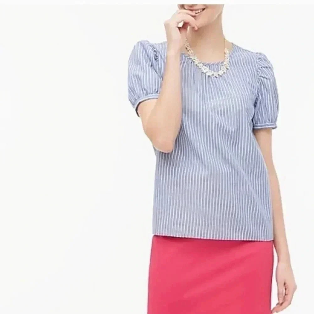 J.Crew Blue Striped Puffed Short Sleeve Cotton Blend Top(XS)